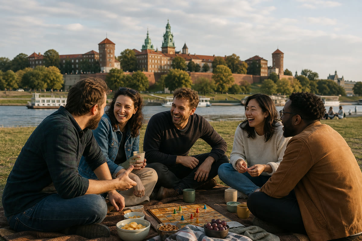 Friends playing a board game beside the Vistula River in Kraków