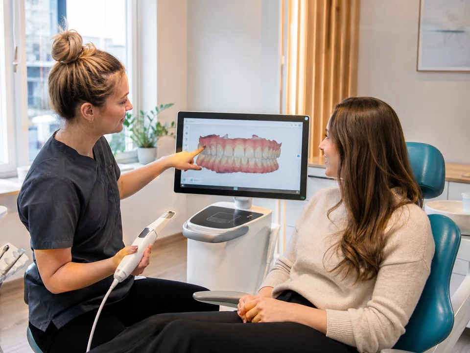 Dentist explaining a digital dental scan to a patient in a modern clinic