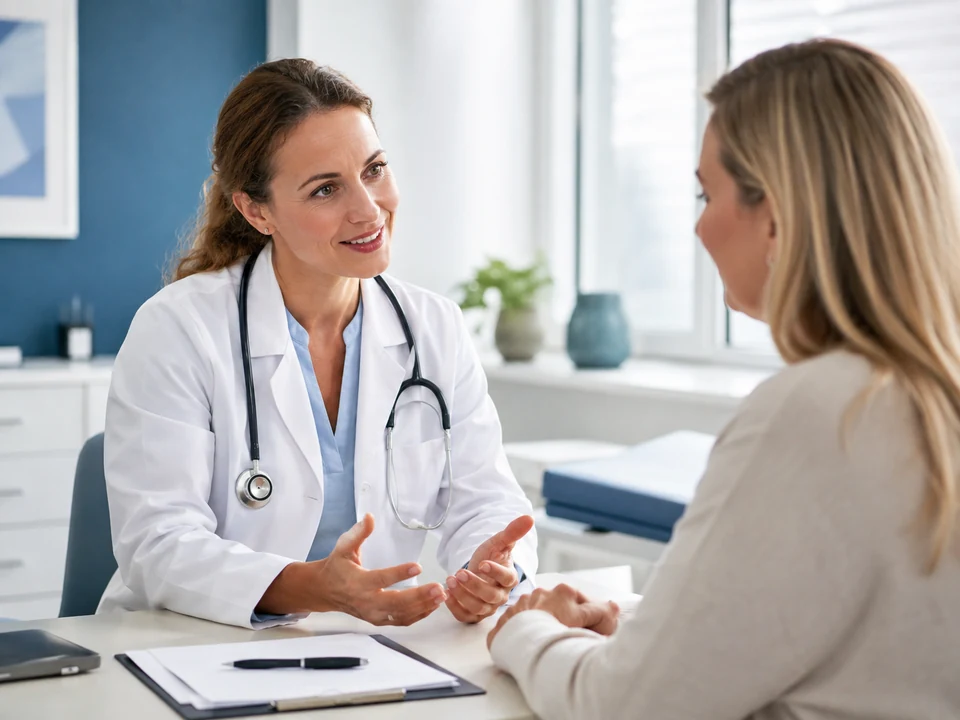 Doctor wearing a stethoscope during a private healthcare consultation