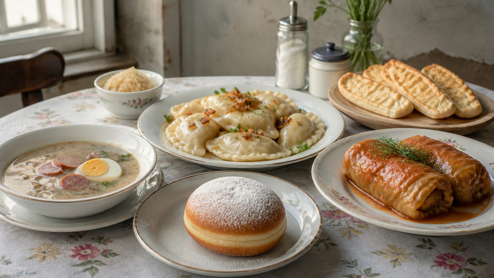 A table of Polish dishes including pierogi, zurek, golabki and paczki