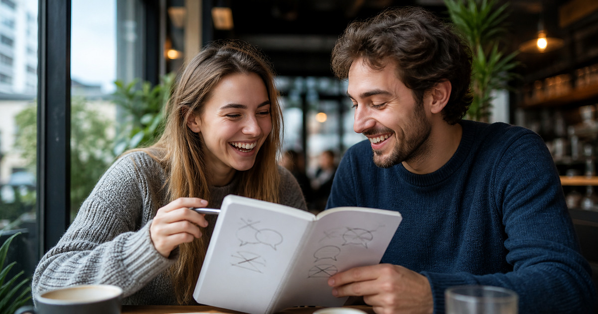 A Polish learner and English tutor laughing together over a language notebook