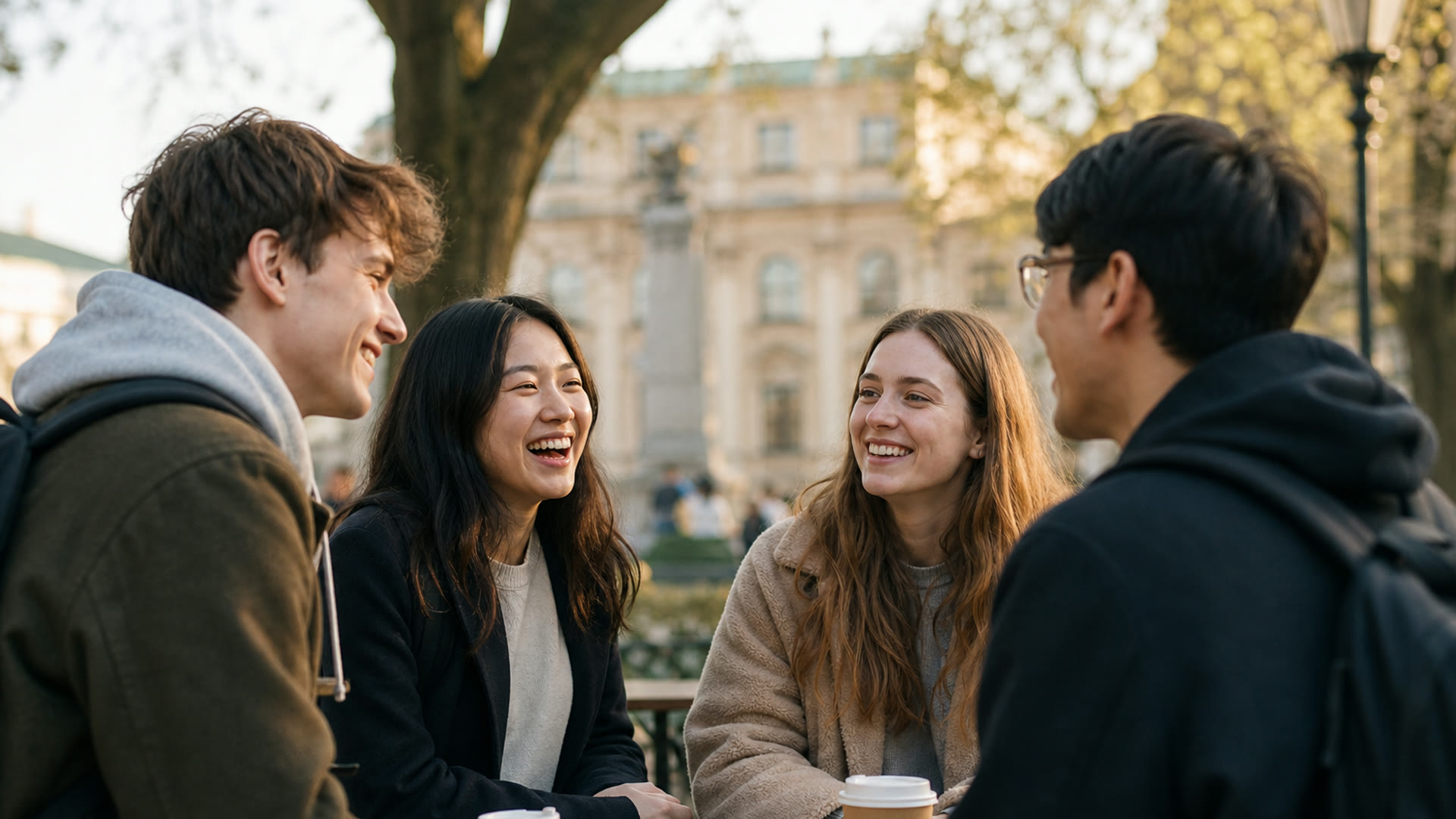 Polish and international students talking together in a Krakow park
