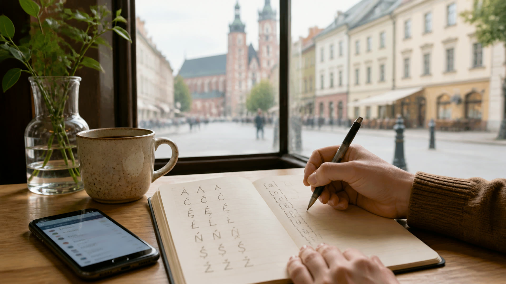 A newcomer practising Polish letters and pronunciation in a Krakow cafe