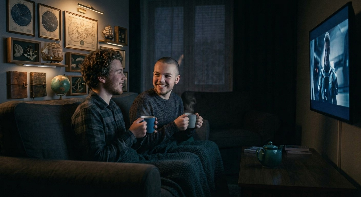 Two friends drinking tea and watching a film at home