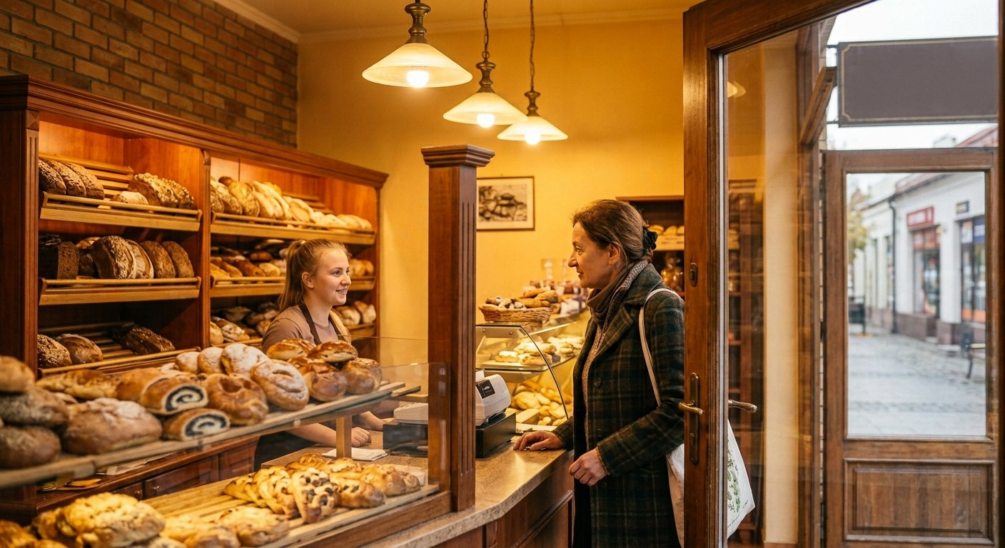 A customer politely greeting a bakery worker