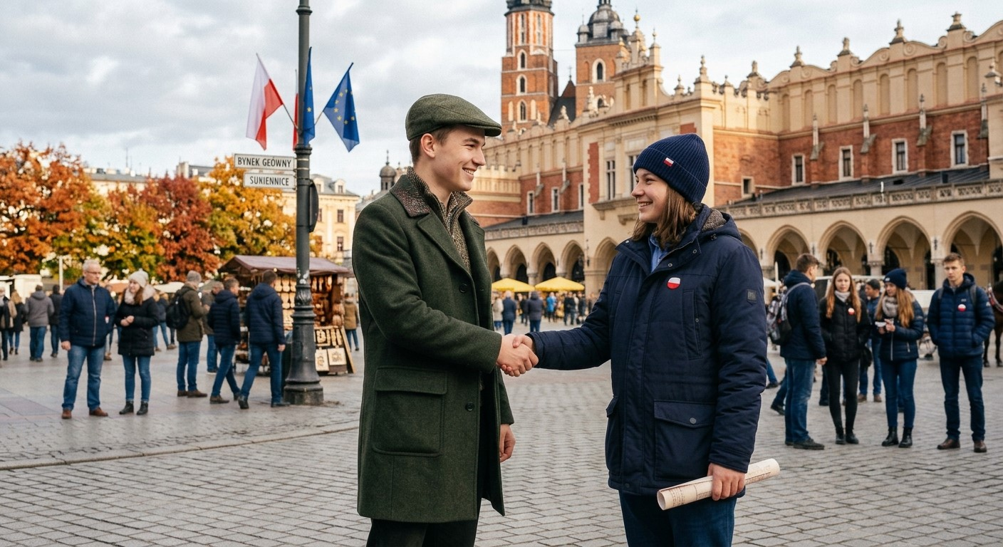 Two people greeting each other with a handshake on a street in Krakow