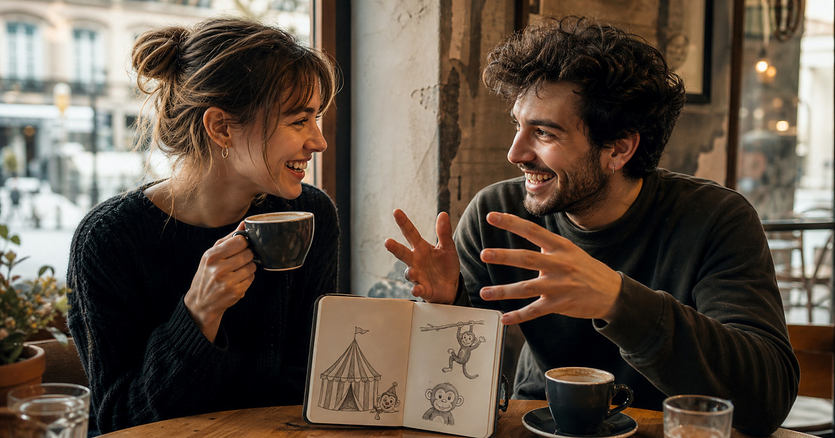 Two university friends laughing as one explains a Polish idiom in a cafe