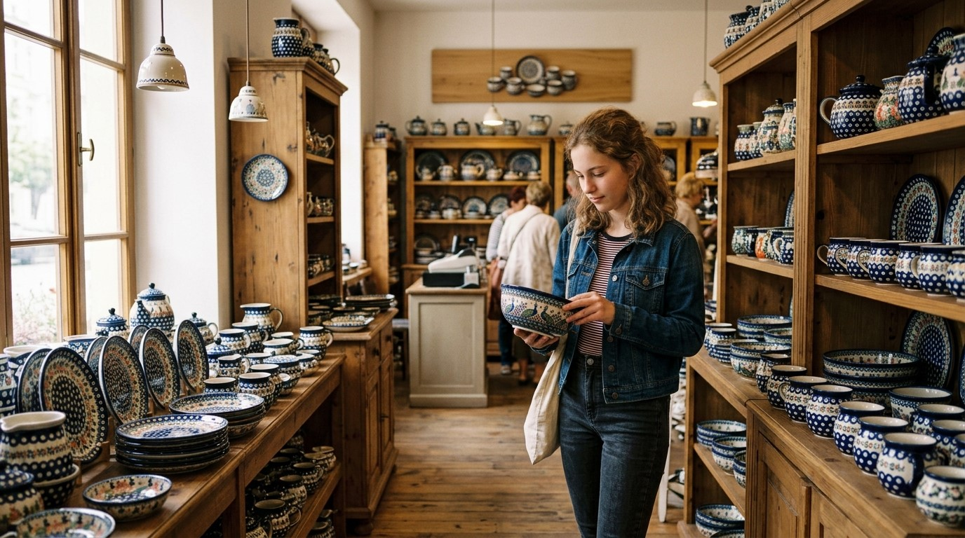 A shopper examining patterned Bolesławiec-style ceramics in a specialist store