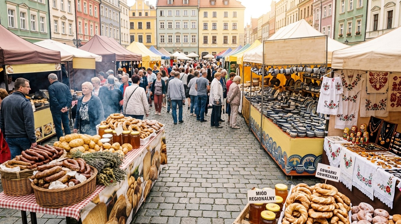 An open-air Polish market with food and craft stalls
