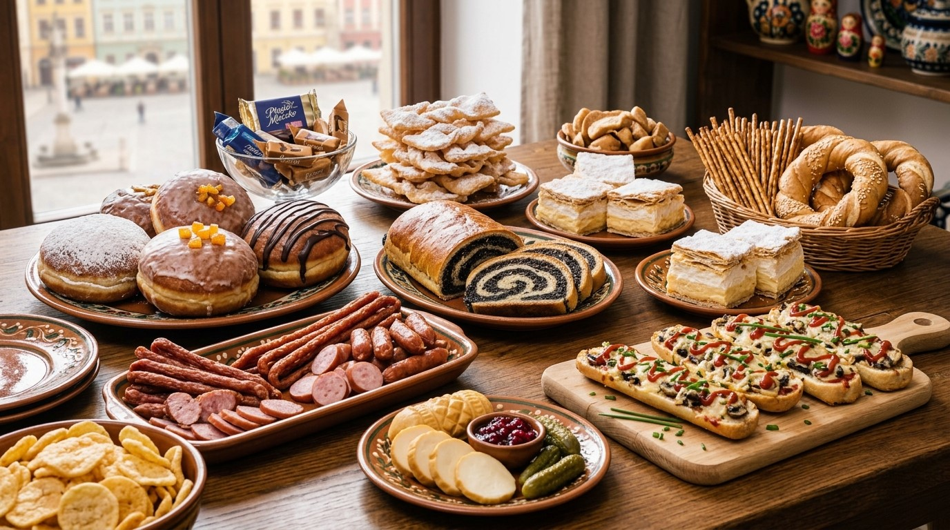 A table arranged with Polish sweets, pastries, sausages and savoury snacks