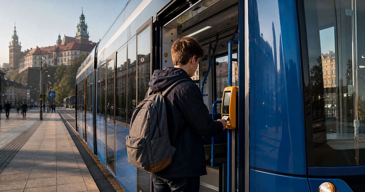 A student validating a ticket while boarding a blue tram in Krakow