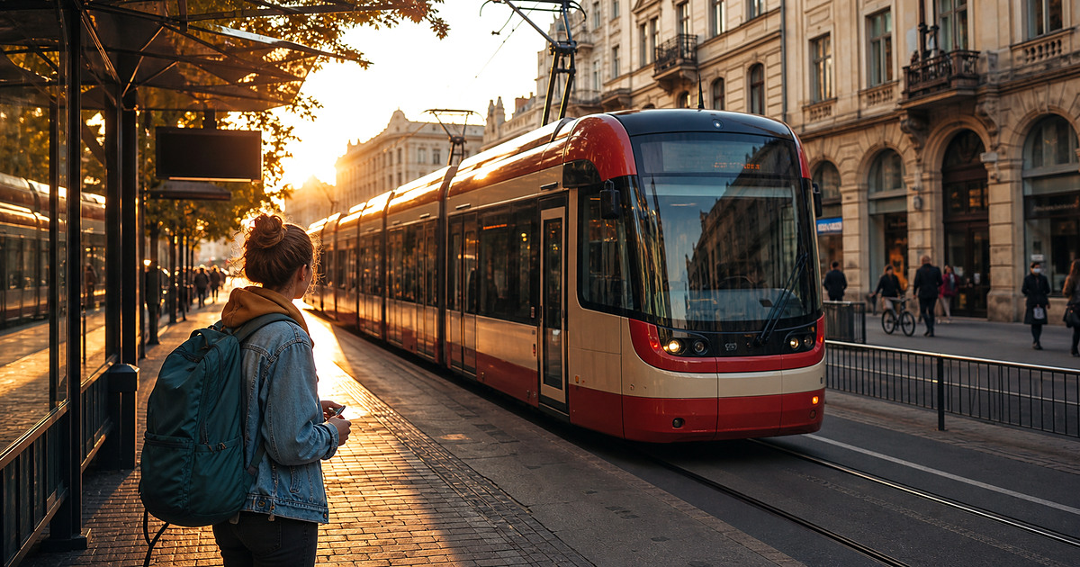 A student waiting for a tram in a Polish city at golden hour
