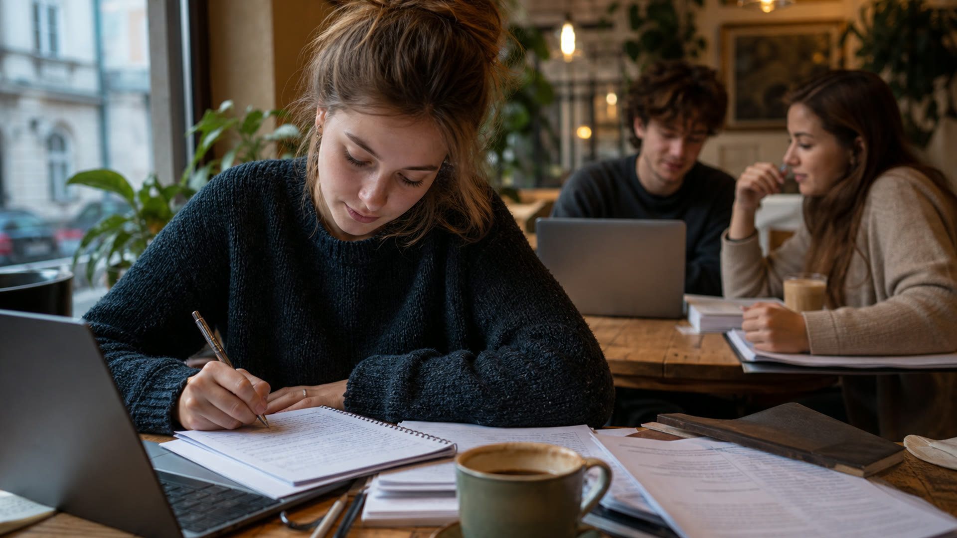 University students preparing together for exam season in a Krakow cafe