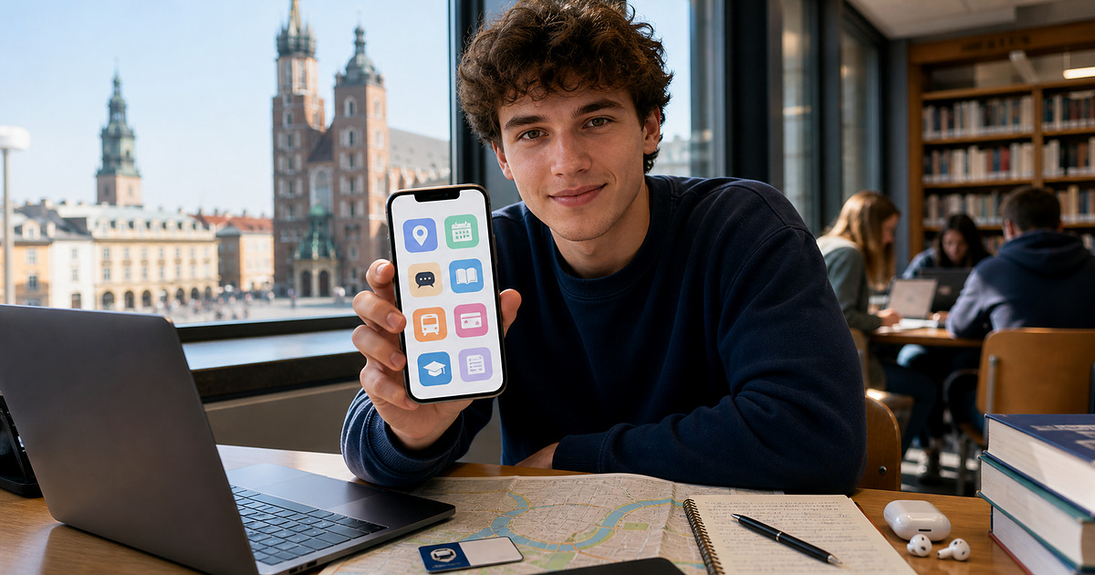 A university student showing useful study and city app icons on a phone in Krakow