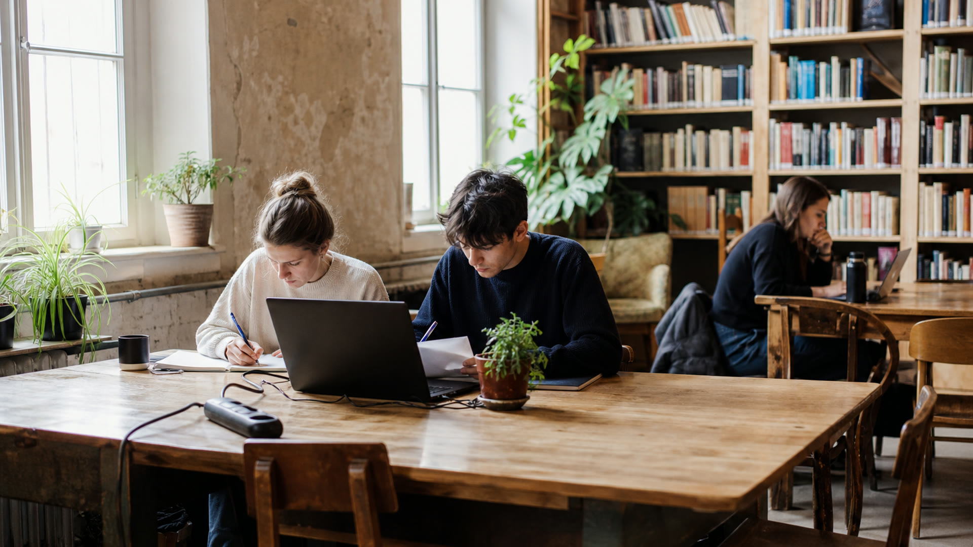 University students studying in a bright Krakow cafe-library