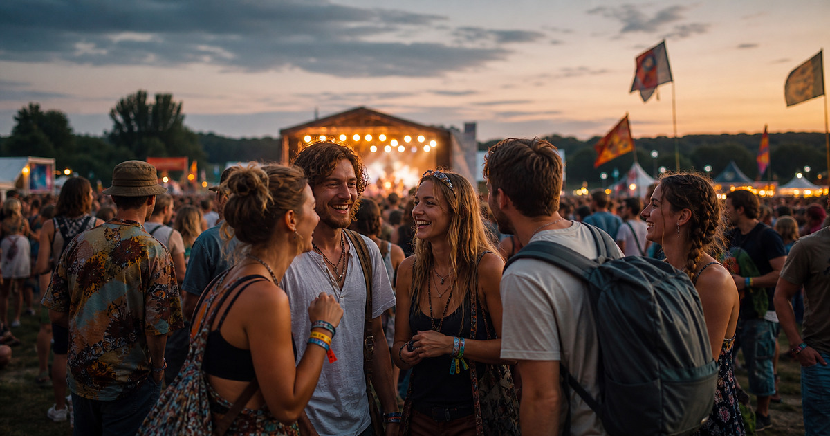 University-age friends enjoying an outdoor summer festival in Poland