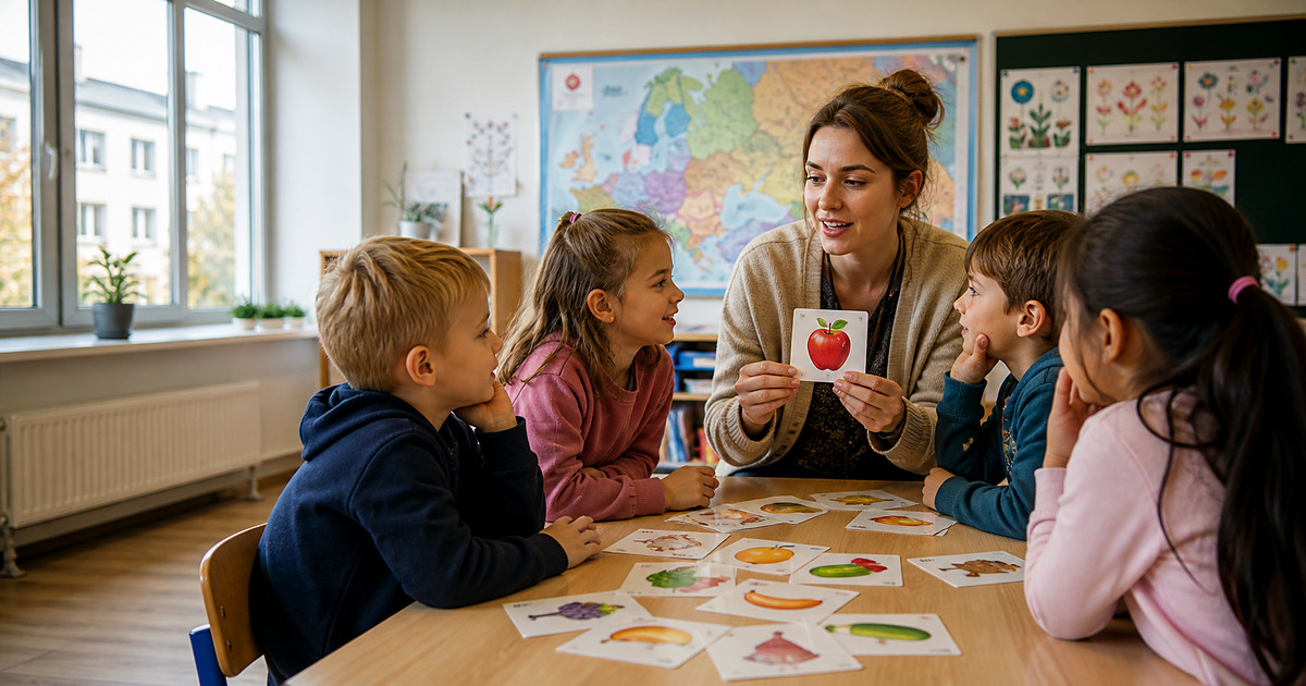 A student teacher leading an English vocabulary activity with young learners in Poland
