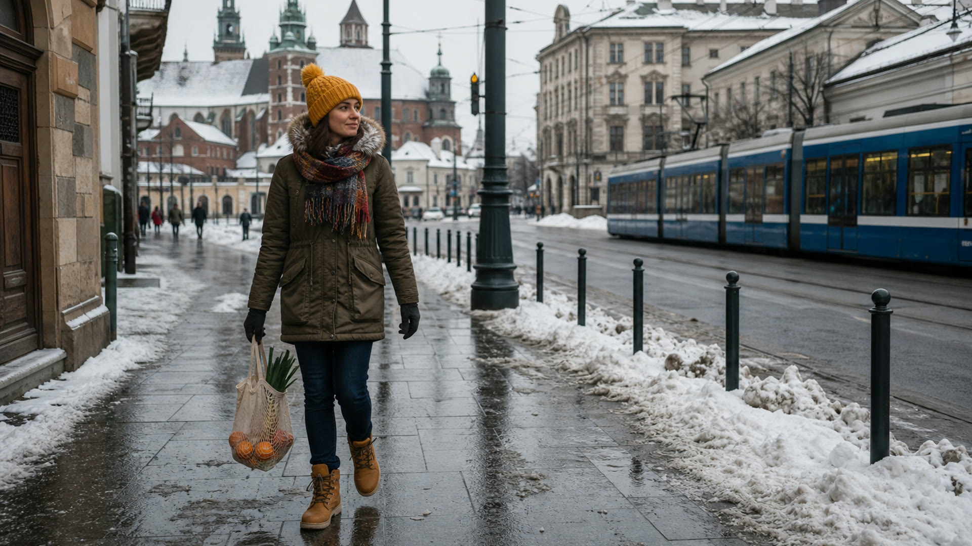 A warmly dressed newcomer walking through snowy Krakow beside a tram