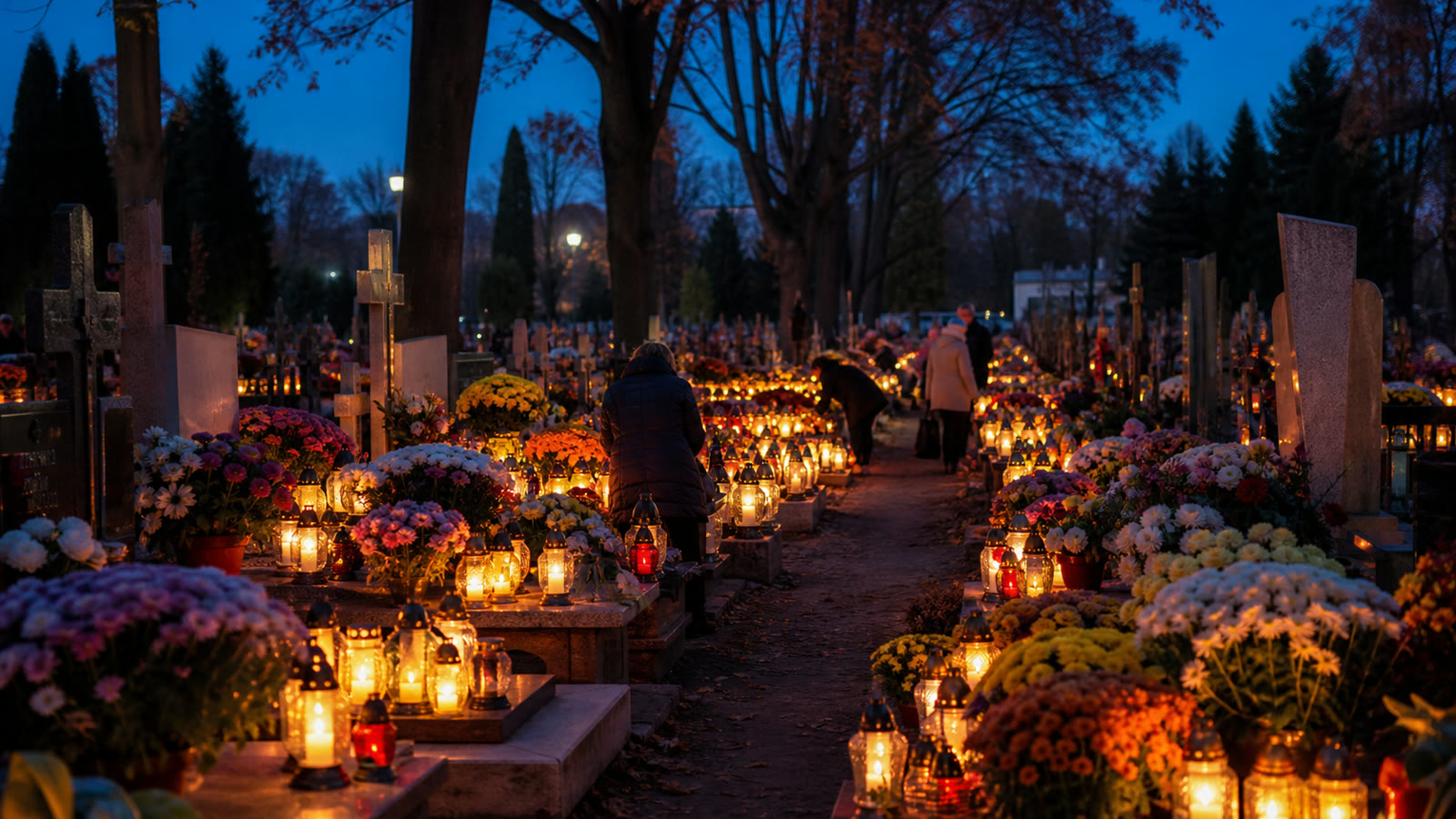 A Polish cemetery glowing with candles and autumn flowers on All Saints Day