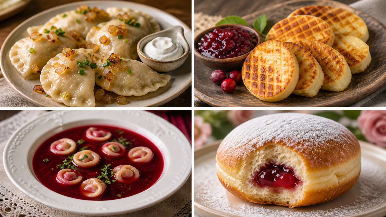 Four Polish dishes: pierogi ruskie, grilled oscypek, red barszcz with uszka and a jam-filled paczek