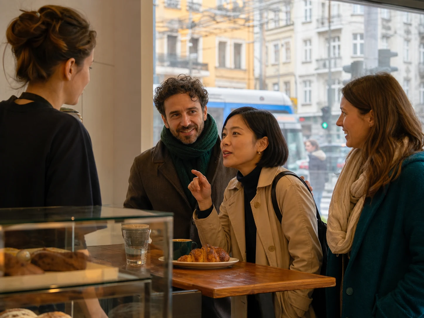 International adults using Polish confidently in a city cafe beside a tram stop