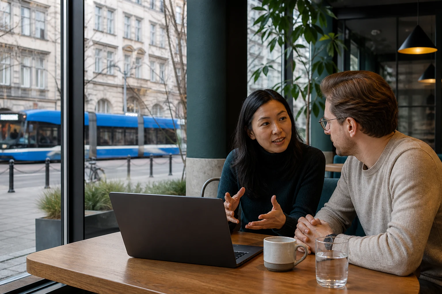 An international professional planning their work pathway in a Polish coworking cafe