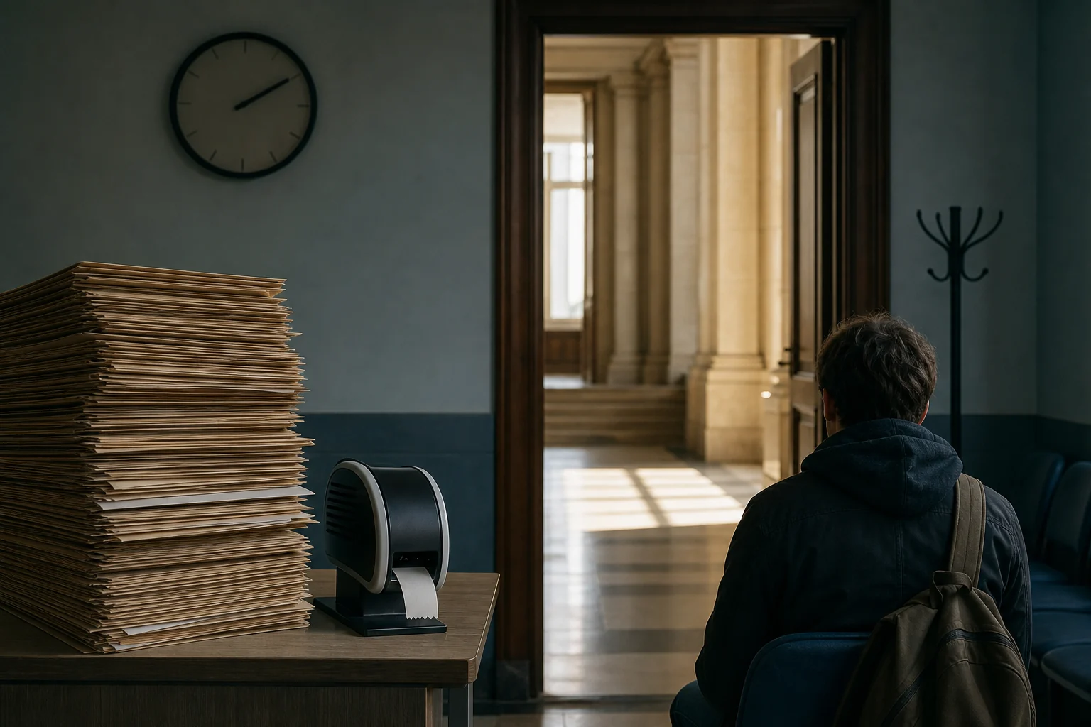 Residence applicant waiting beside a backlog of blank case files with a path toward procedural review