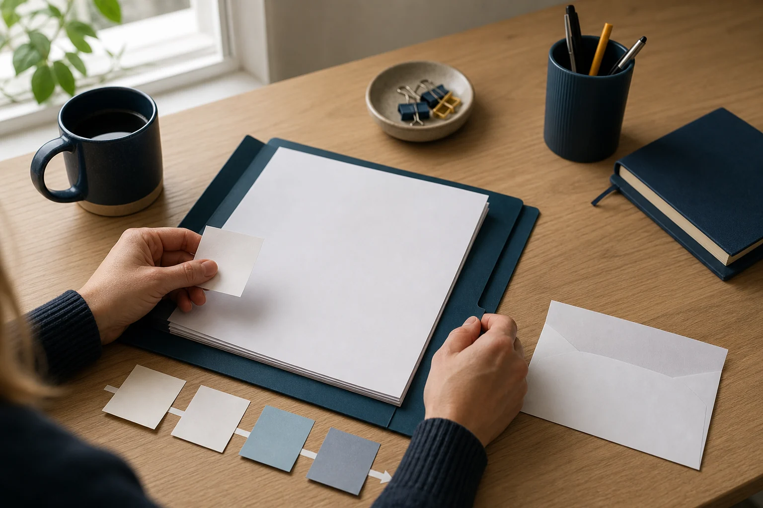 Applicant organizing a blank case file and procedural chronology at a desk