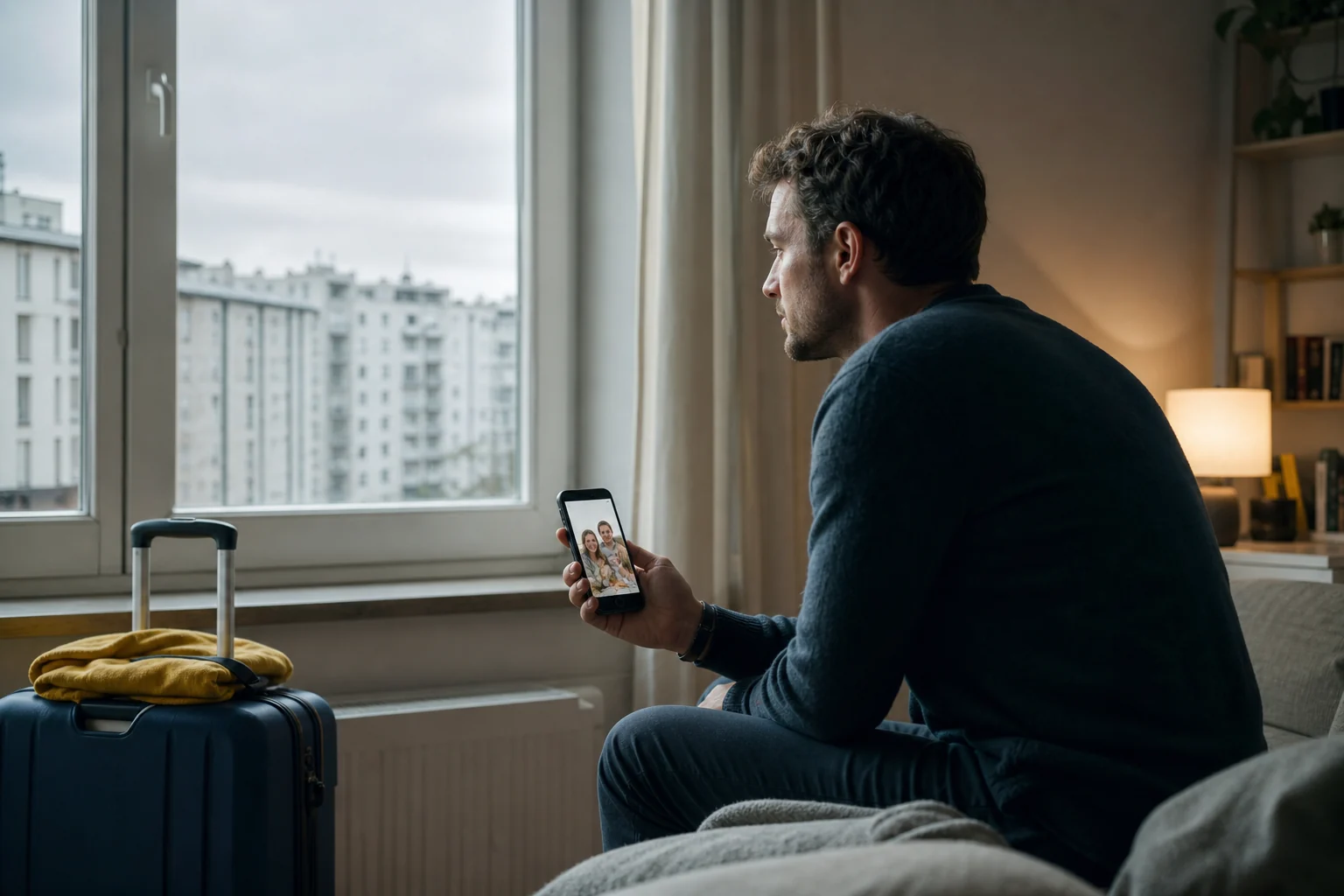 Residence applicant with a packed suitcase speaking to family while waiting in Poland